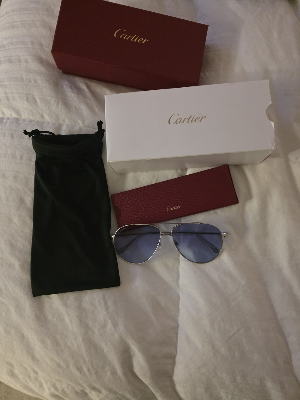 Cartier Silver Frame Sunglasses with Blue Lenses and Black Pouch